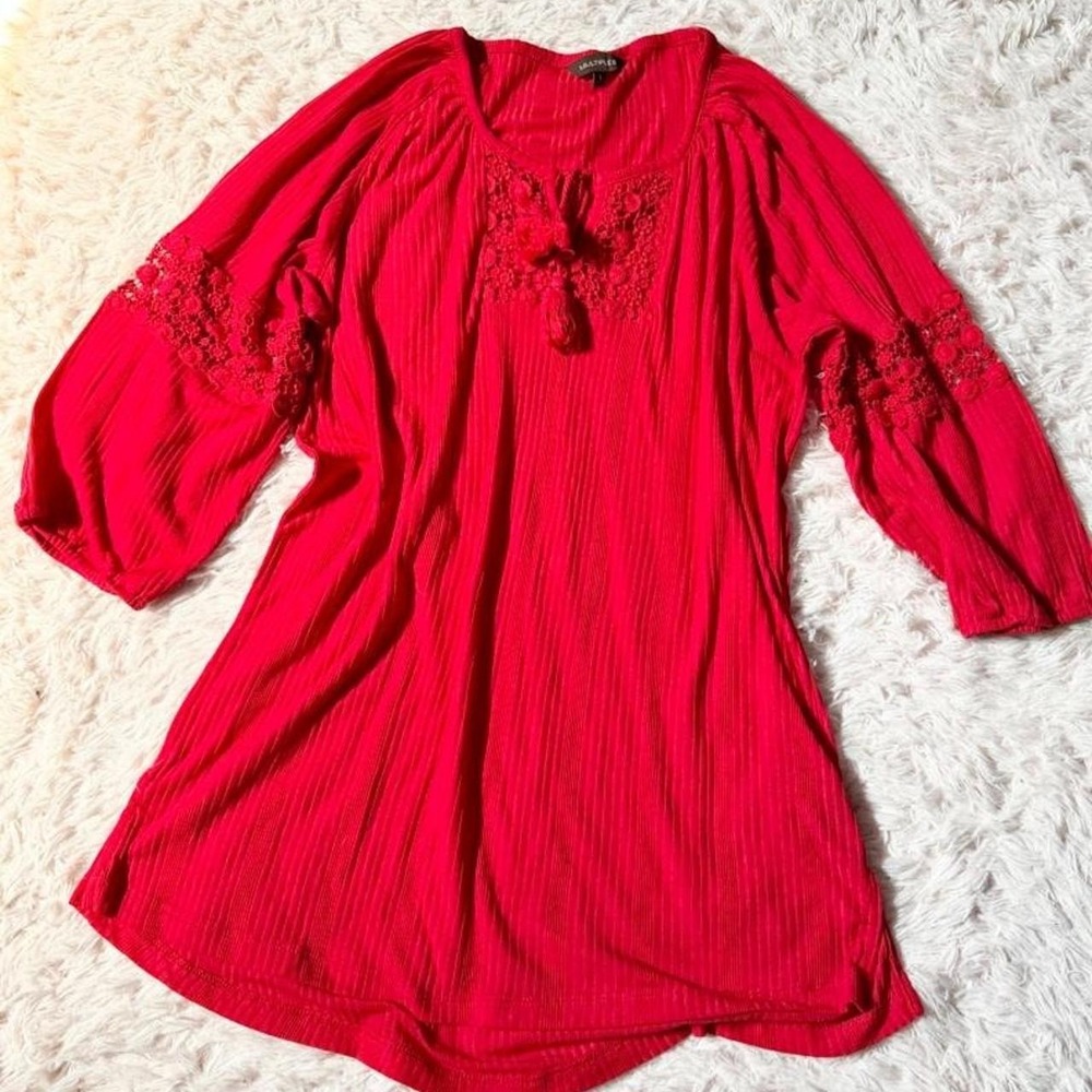Soft Slinky Red Cottage Core Gothic Vampy Lace Balloon Sleeve Tunic Womens L